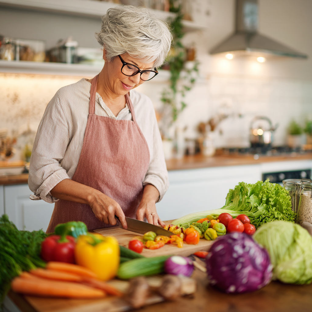 Middle-aged woman preparing fresh seasonal vegetables in a bright kitchen