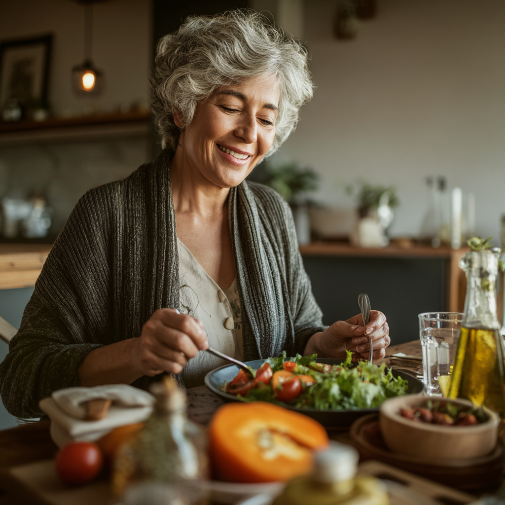 Older adult enjoying a balanced meal with fresh ingredients at a calm dining table